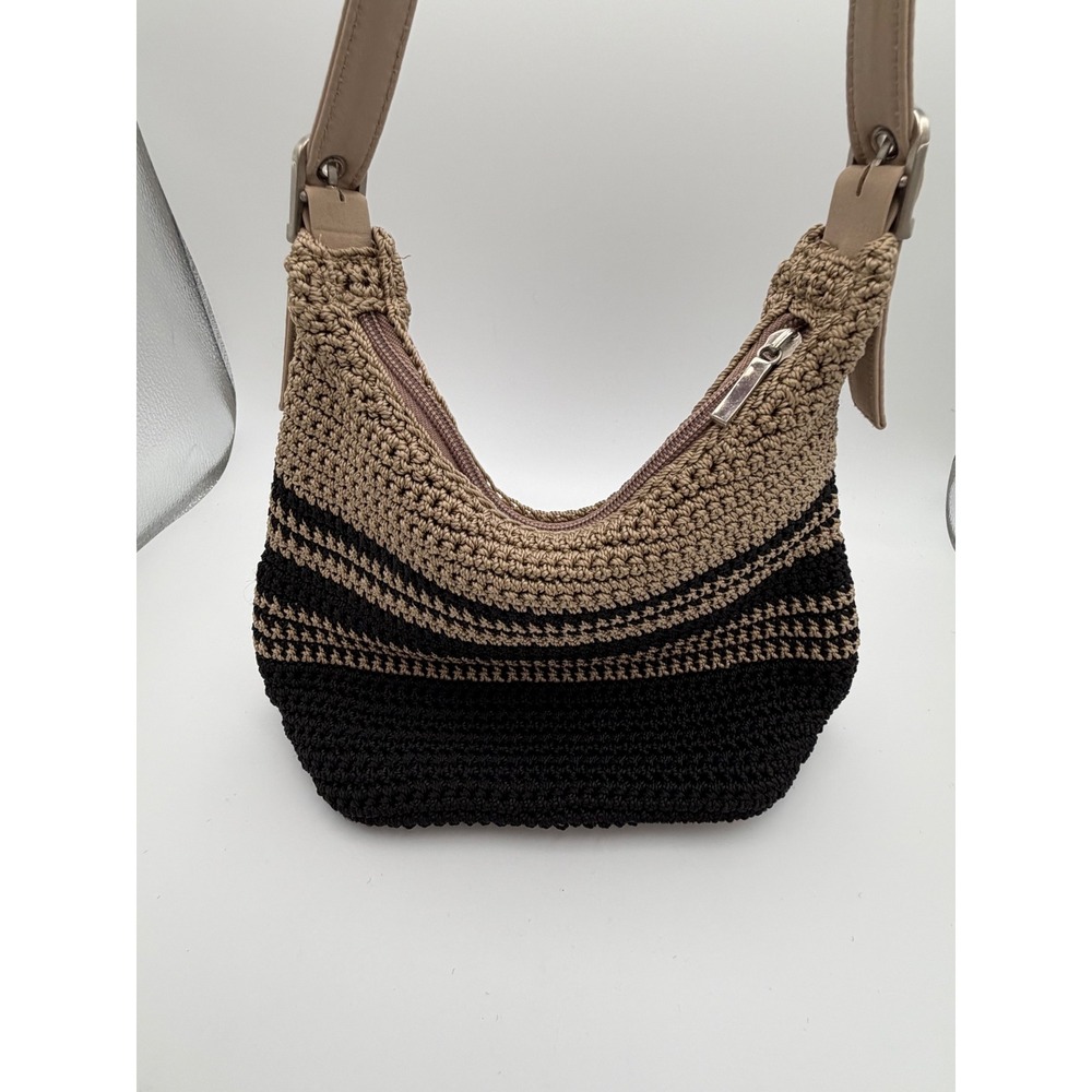 Crochet Hobo Bag Black Tan Striped Woven Shoulder Purse Small unbranded